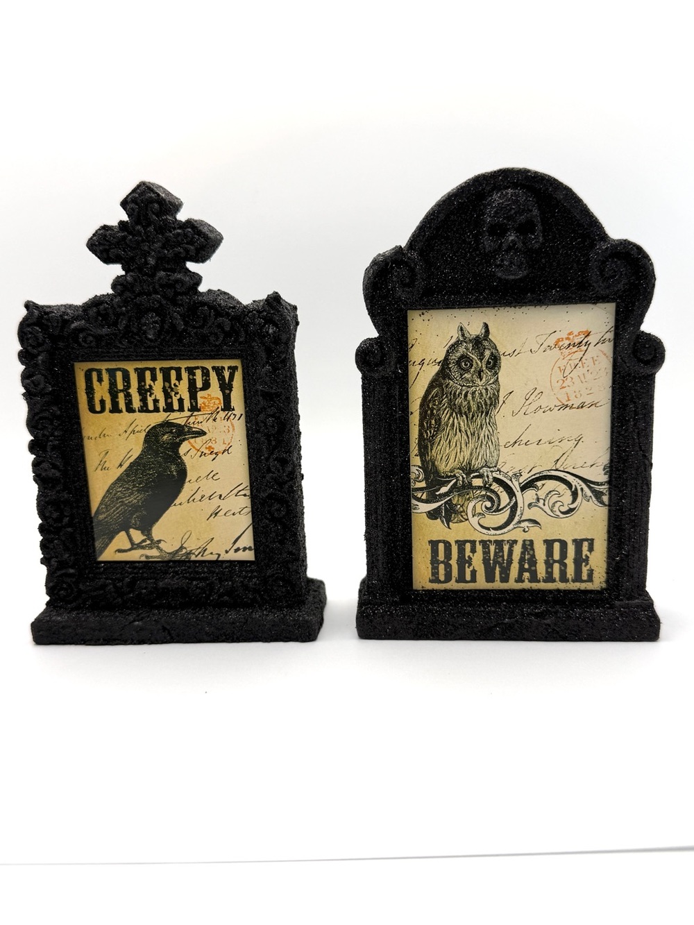 Halloween Black Glitter Tombstones Creepy and Beware Decorations 5.5" (Set of 2)